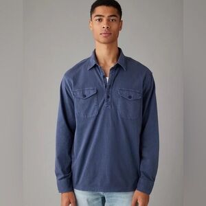 AE Blue Long-Sleeve Knit Popover Henley T-Shirt Medium New